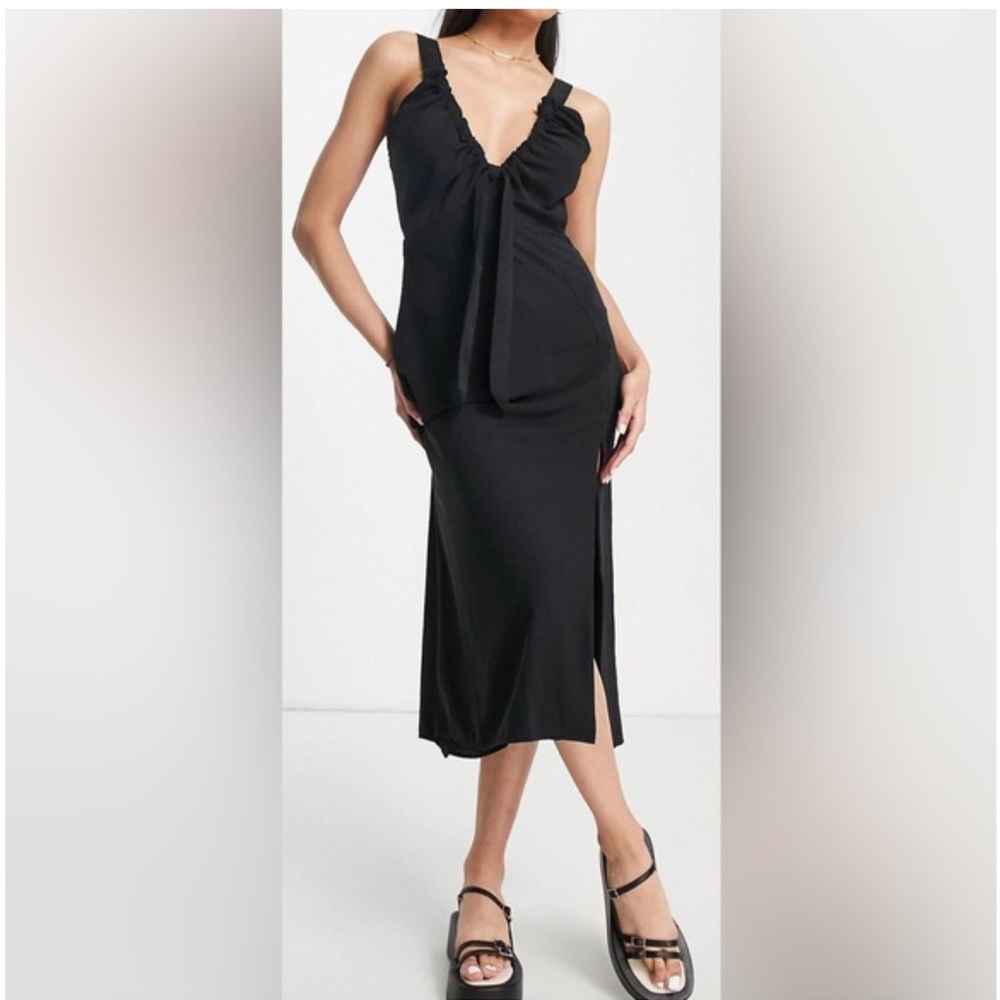 Abercrombie & Fitch Black midi dress cinched tie neckline side slit - size XL